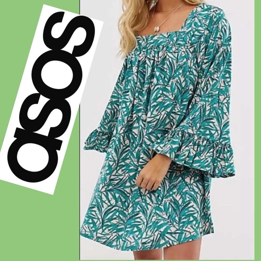 ASOS 100% Cotton palm leaves mini sundress with frill sleeves Size 4